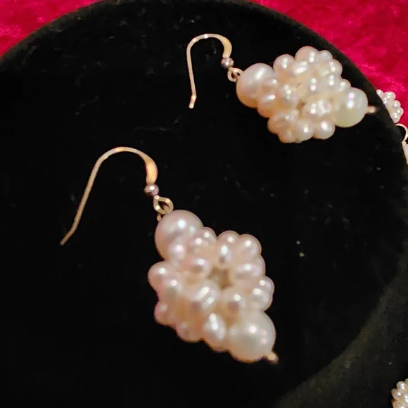 STERLING Faux Pearl Cluster Necklace and Drop Earrings Set - White